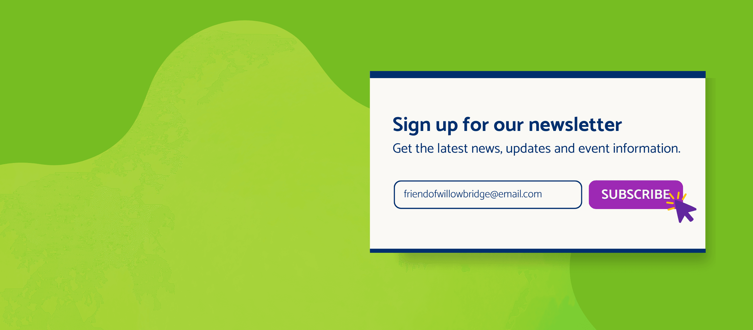 Join our mailing list ad. Green background with image of a pop up to enter email to subscribe to mailing list.