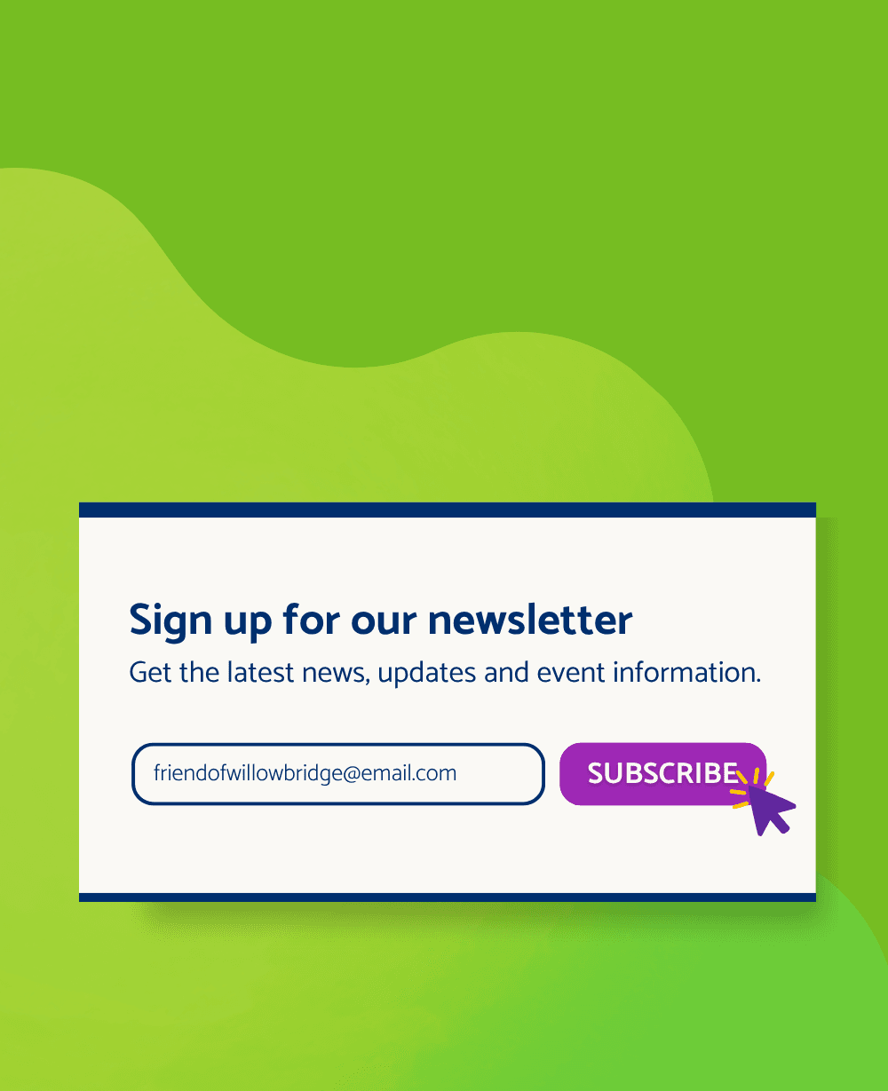 Join our mailing list ad. Green background with image of a pop up to enter email to subscribe to mailing list.