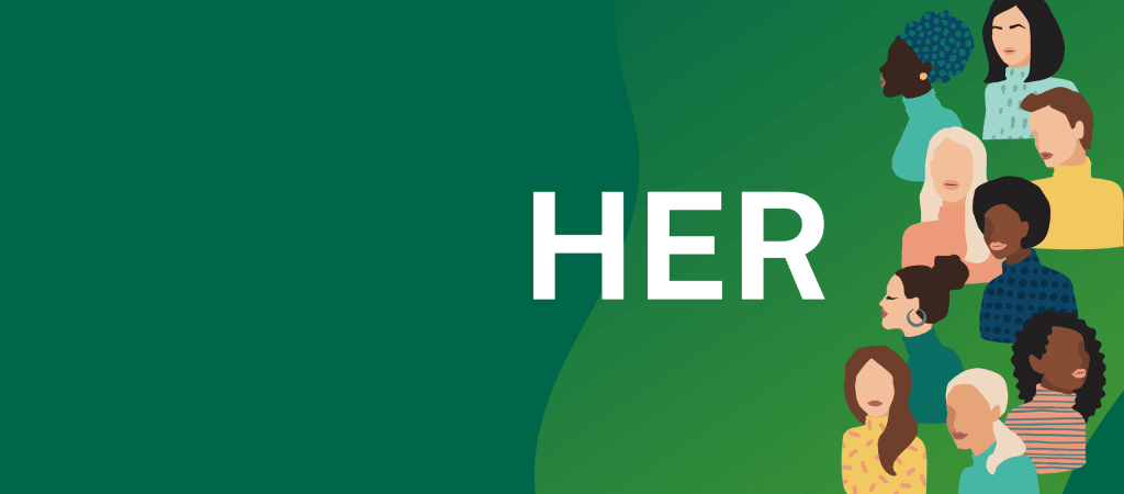 Green background with the word "HER". Illustrations of women.