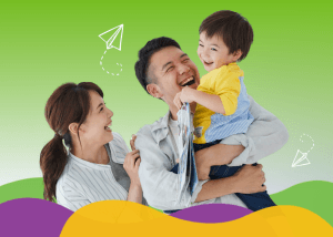 Mother and father holding son, smiling, laughing in front of green background. Wavy illustrations, with airplane doodles.