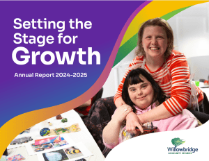 Annual report cover image. Setting the Stag for Growth title on top of colourful wavy shapes. Image of two women smiling and embracing.