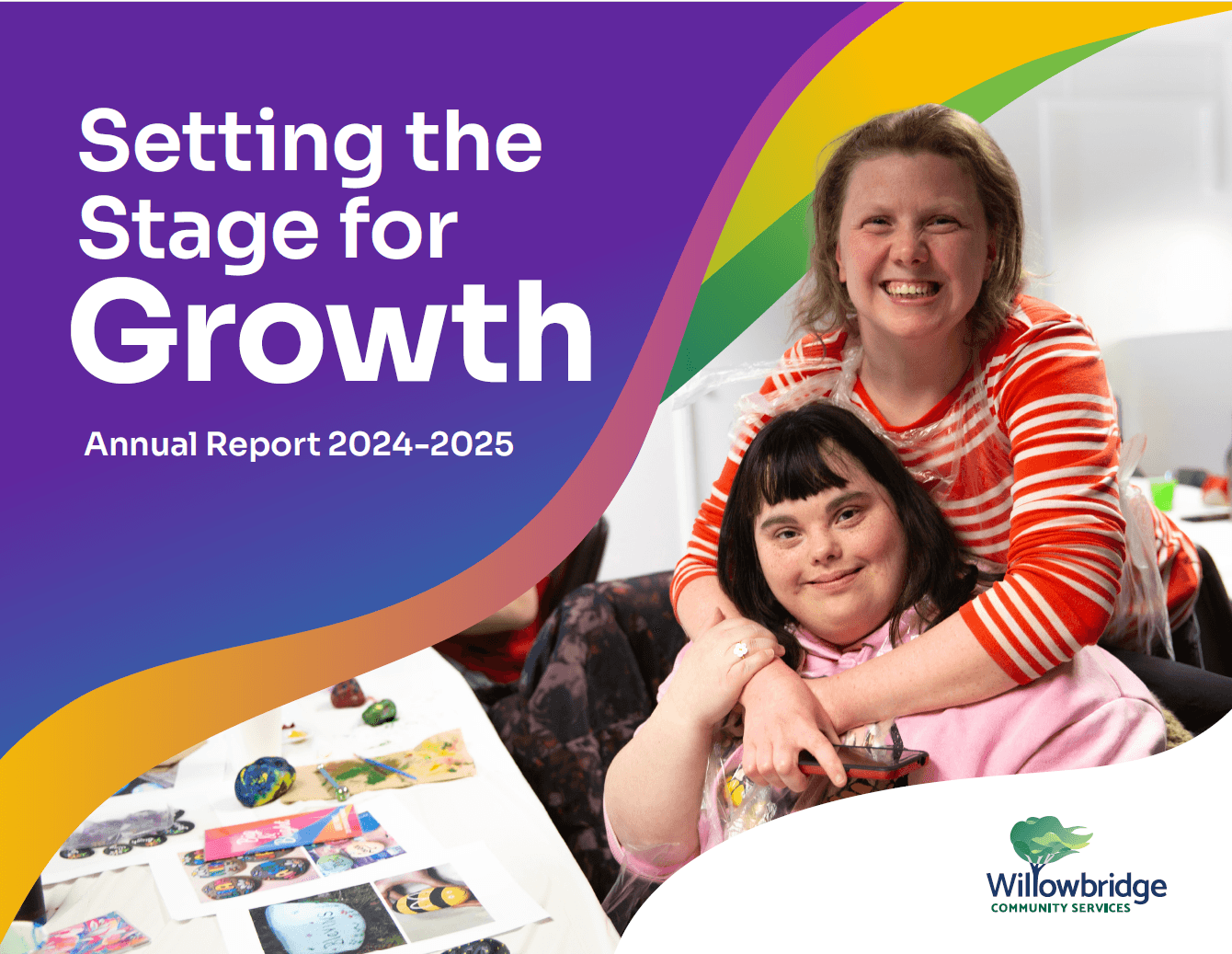 Annual report cover image. Setting the Stag for Growth title on top of colourful wavy shapes. Image of two women smiling and embracing.