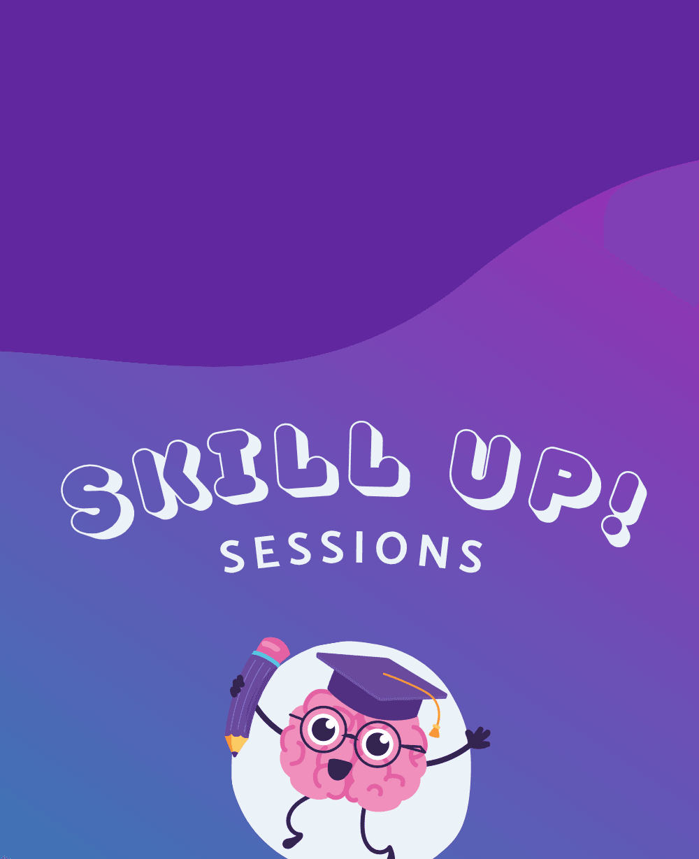 Skill Up Session promotion. Text with brain illustration wearing a graduation cap and holding a pencil.