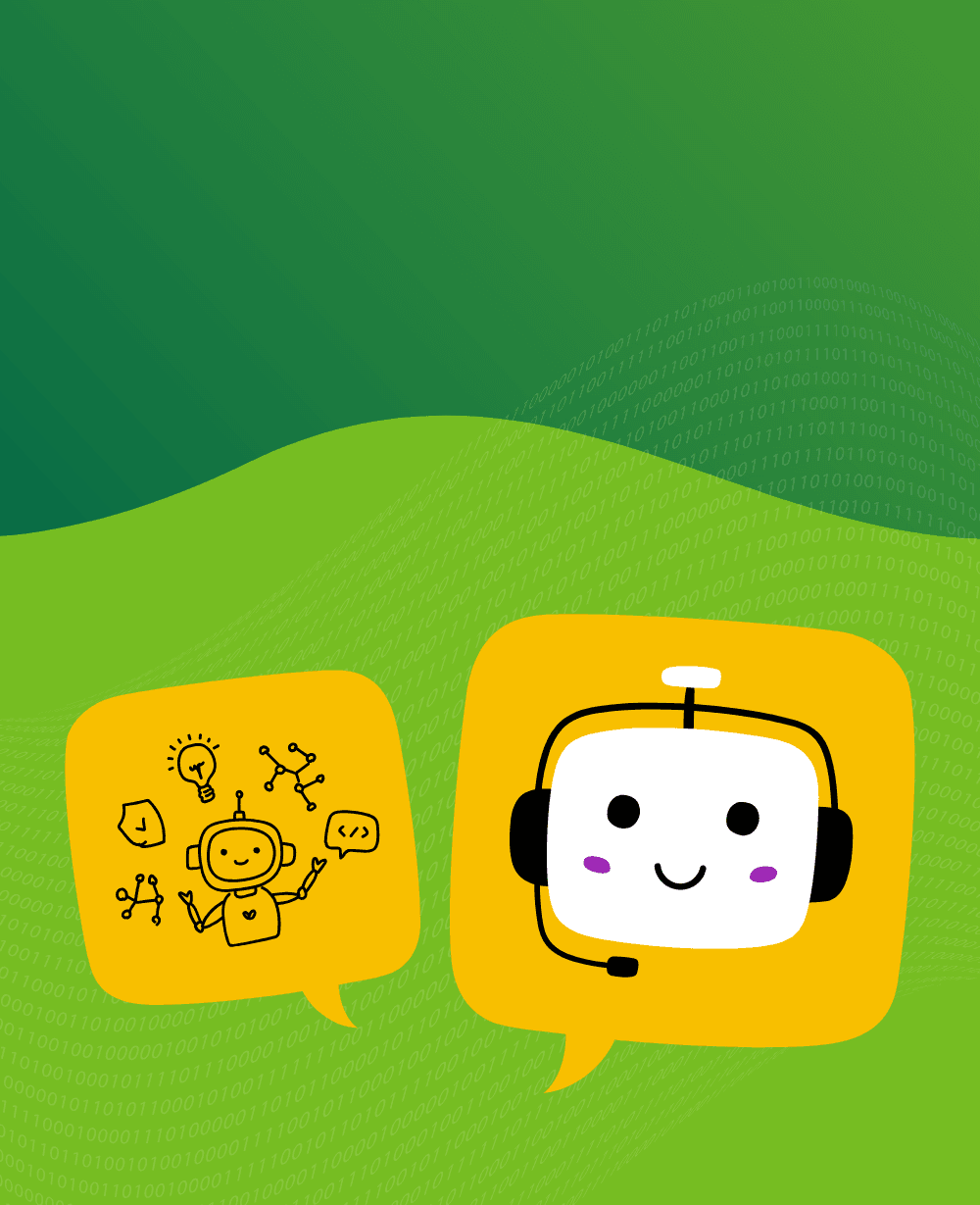 AI Tools for Everyday Life ad. Green background with computer code in background and robot illustrations in foreground.