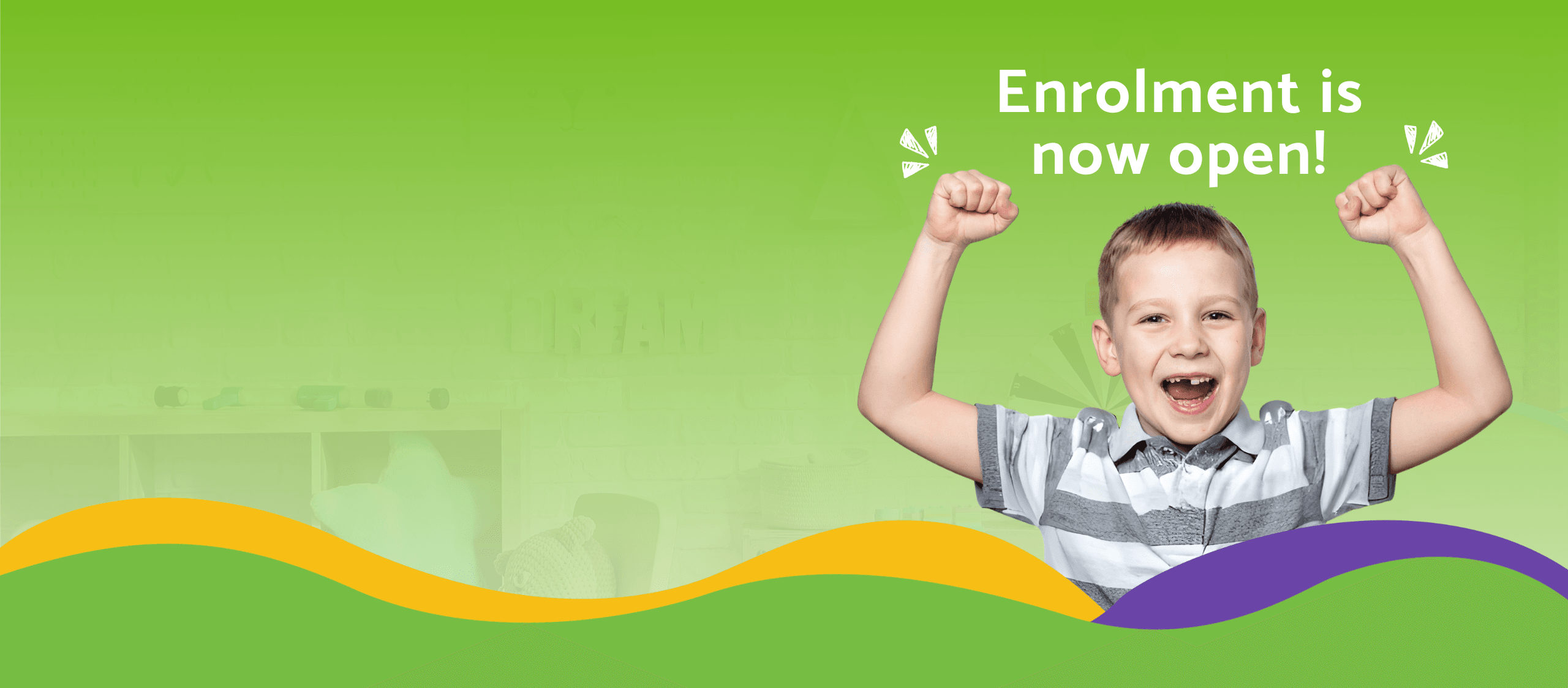 Young boy raising his arms and smiling in excitement. Title says 