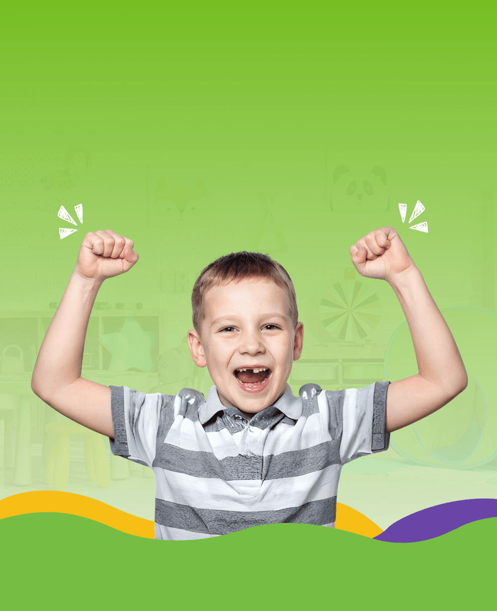 Young boy raising his arms and smiling in excitement. Little doodles above his hands to emphasize excitement. Green background with colourful waves along the bottom of image.