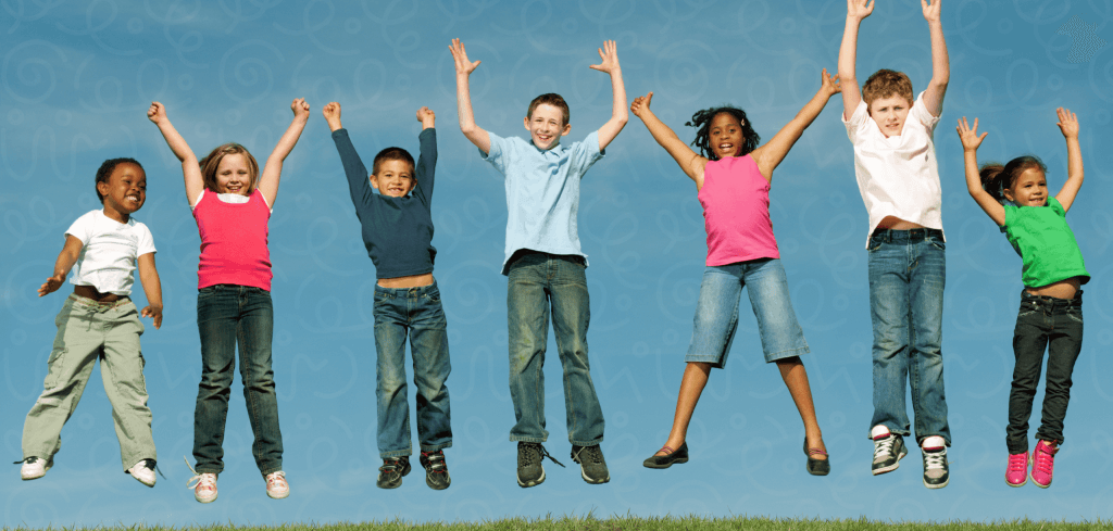 Excited kids jumping up. Blue sky with fun squiggly lines in background.