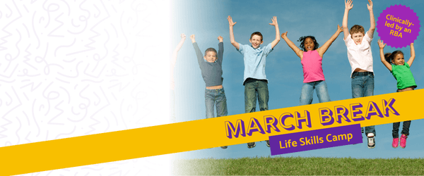 Excited kids jumping up. Yellow and purple banner at bottom that reads March Break Life Skills Camp.