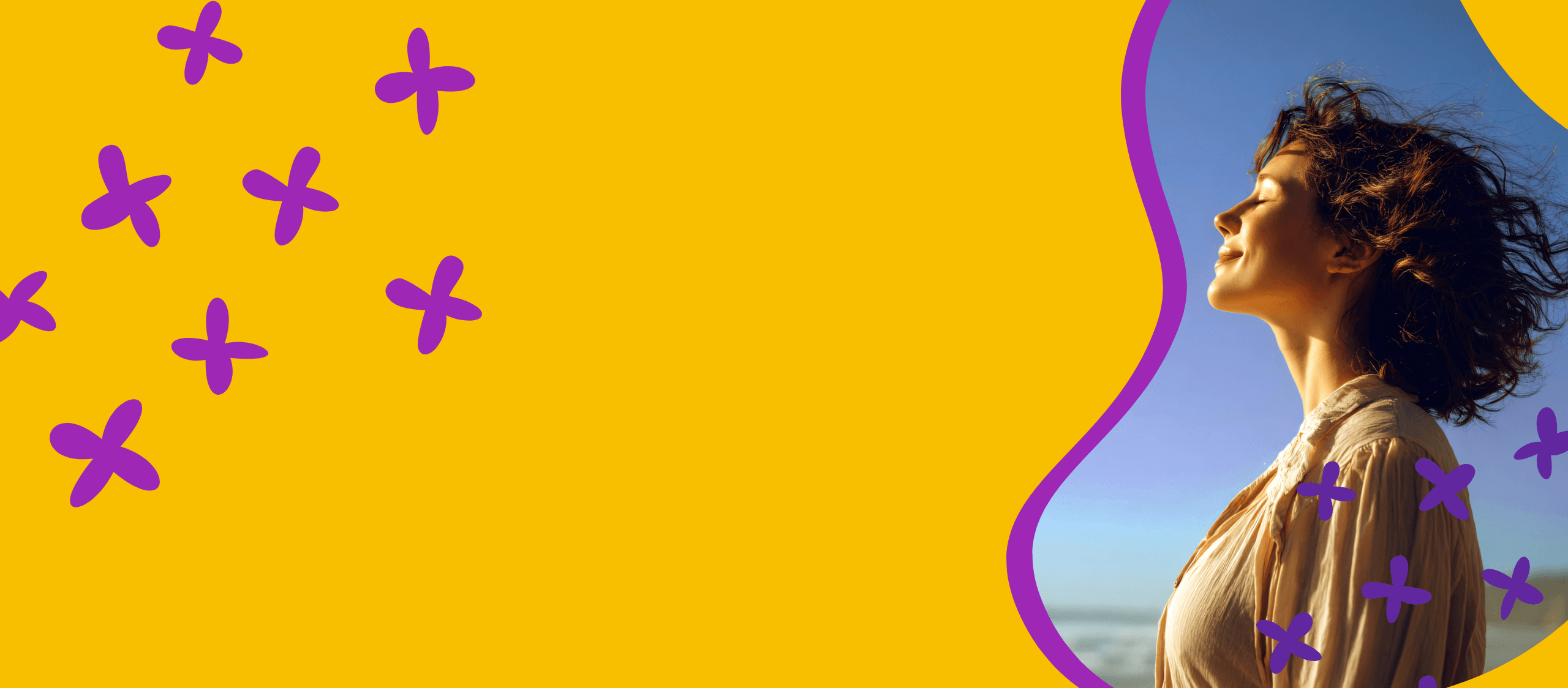 Banner image with yellow background, purple cross illustrations in top left corner and profile image of woman outside with head tilted up toward the sky, smiling and looking peaceful.