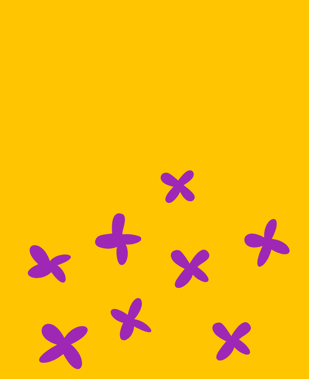 Yellow background with purple cross illustrations along bottom.