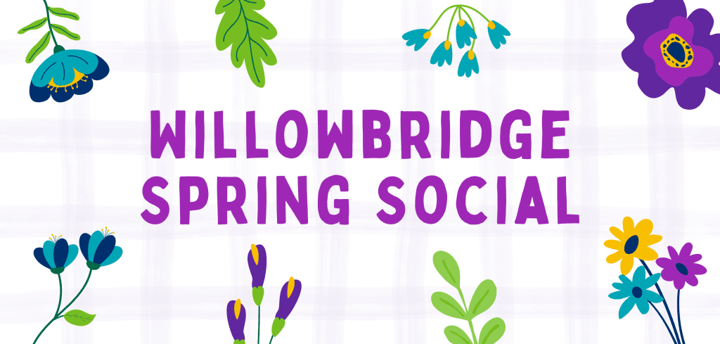 Picnic pattern background with flower and plant illustrations with the words "Willowbridge Spring Social".