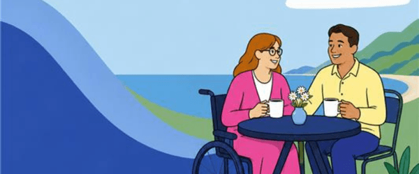 Illustration of man and woman outside at bistro table, happy.