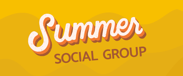 Yellow background with yellow and brown wave shapes with text that says Summer Social Group.