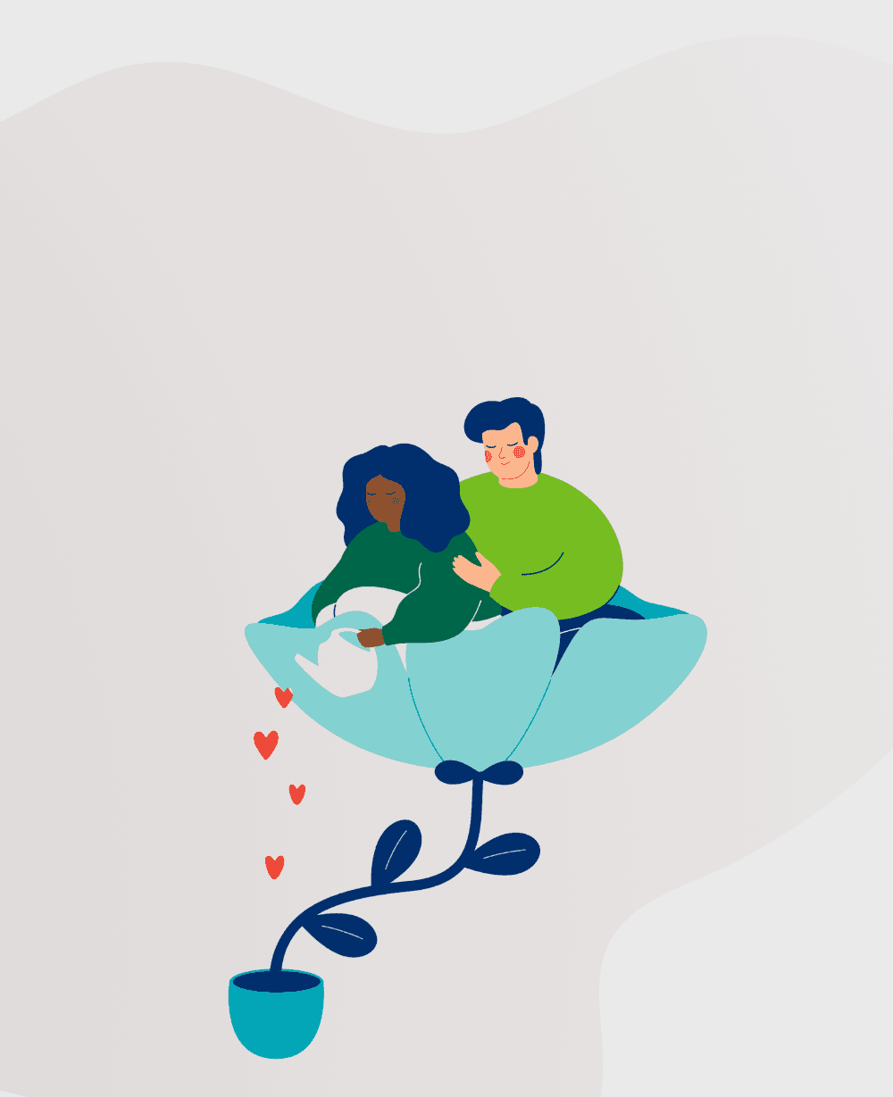 Grey background with illustration of woman and man in blue flower. Woman is pouring 