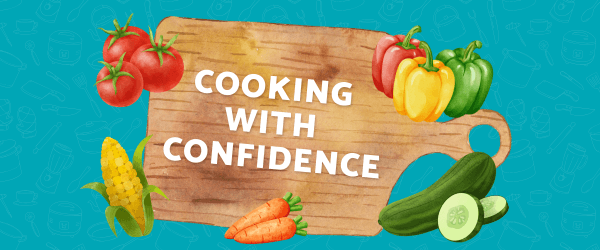 Illustrated image of a cutting board with the title "Cooking With Confidence" in the centre, and surrounded by different vegetables. Blue background with light cooking pattern.